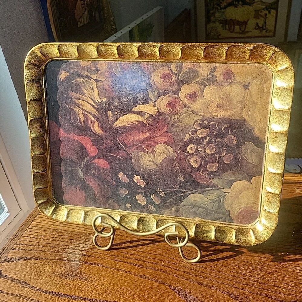 Vintage ITALY Franco Sezzatini Hand-Painted Wood Gilded Tray Tulips Inlay Floral